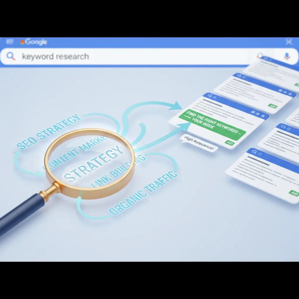 איור של זכוכית מגדלת מחפשת מילות מפתח בגוגל