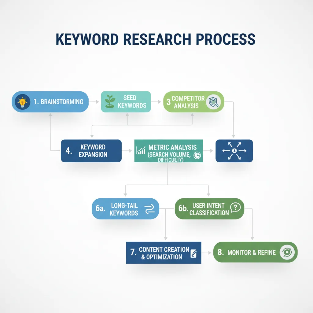 תרשים זרימה שלבי מחקר מילים בגוגל