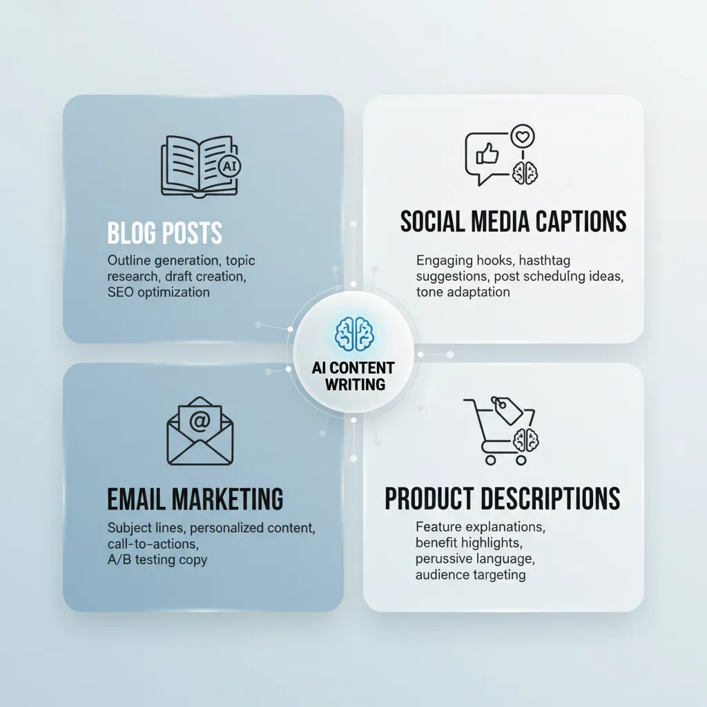 אינפוגרפיקה המציגה שימושים שונים של בינה מלאכותית בכתיבת תוכן: בלוגים, רשתות חברתיות, מיילים ותיאורי מוצרים.
